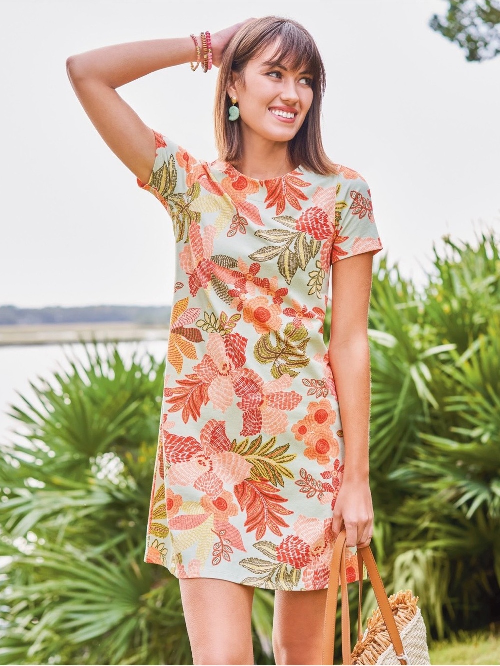 Spartina 449 Pima Cotton Floral Dress L Blue Pink Midi Peru Soft Luxury Coastal